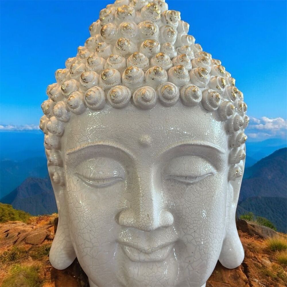 White Ceramic Buddha Head Sculpture 12" Yoga Studio Decor